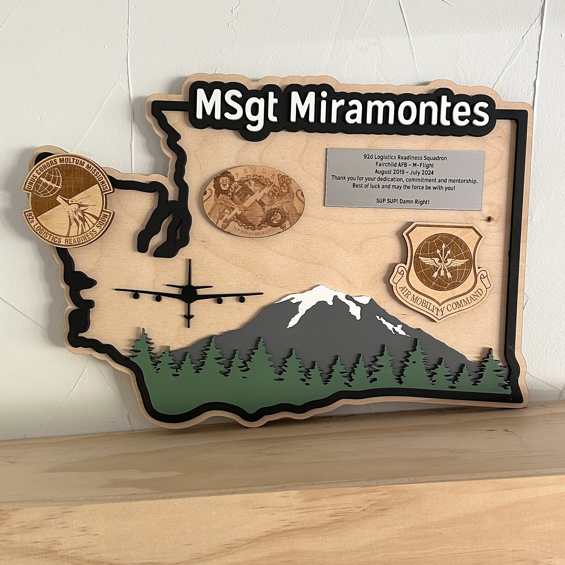 Custom state-shaped wooden sign packaged as a military going away gift