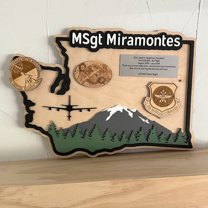 Custom state-shaped wooden sign packaged as a military going away gift