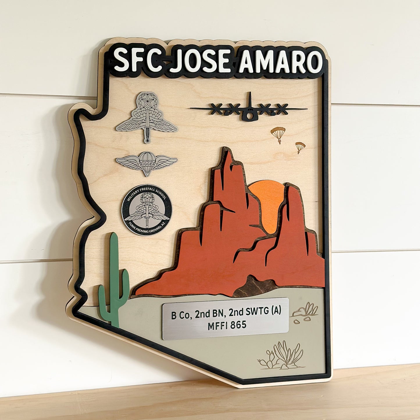 Custom engraved state-shaped wooden sign for military PCS and farewell gifts