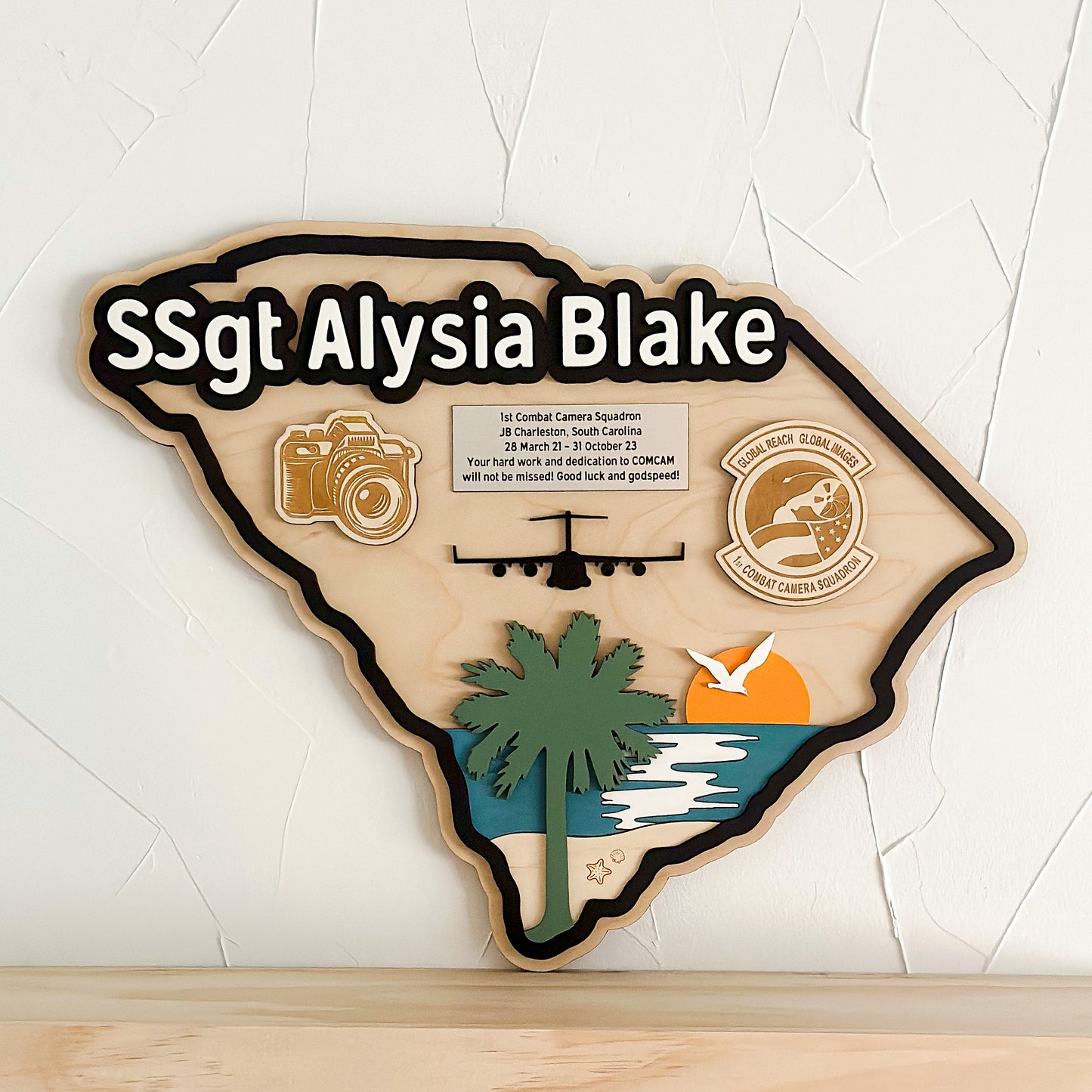 State-shaped military going away gift with custom engraving, wooden wall decor